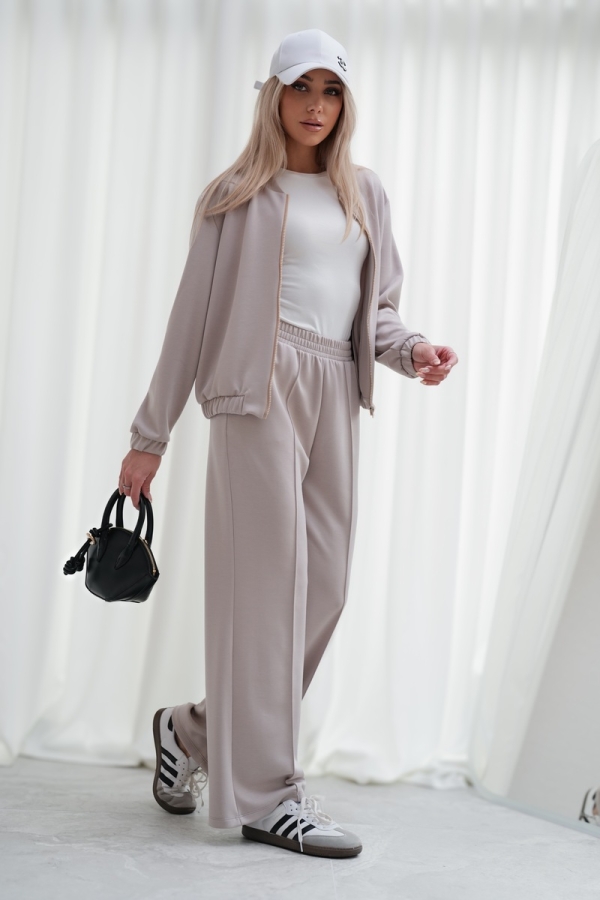 Luksusowy Komplet Damski Masełko Bluza Rozpinana + Spodnie Wide Leg Premium Soft Touch Elegancja & Komfort-BEŻ